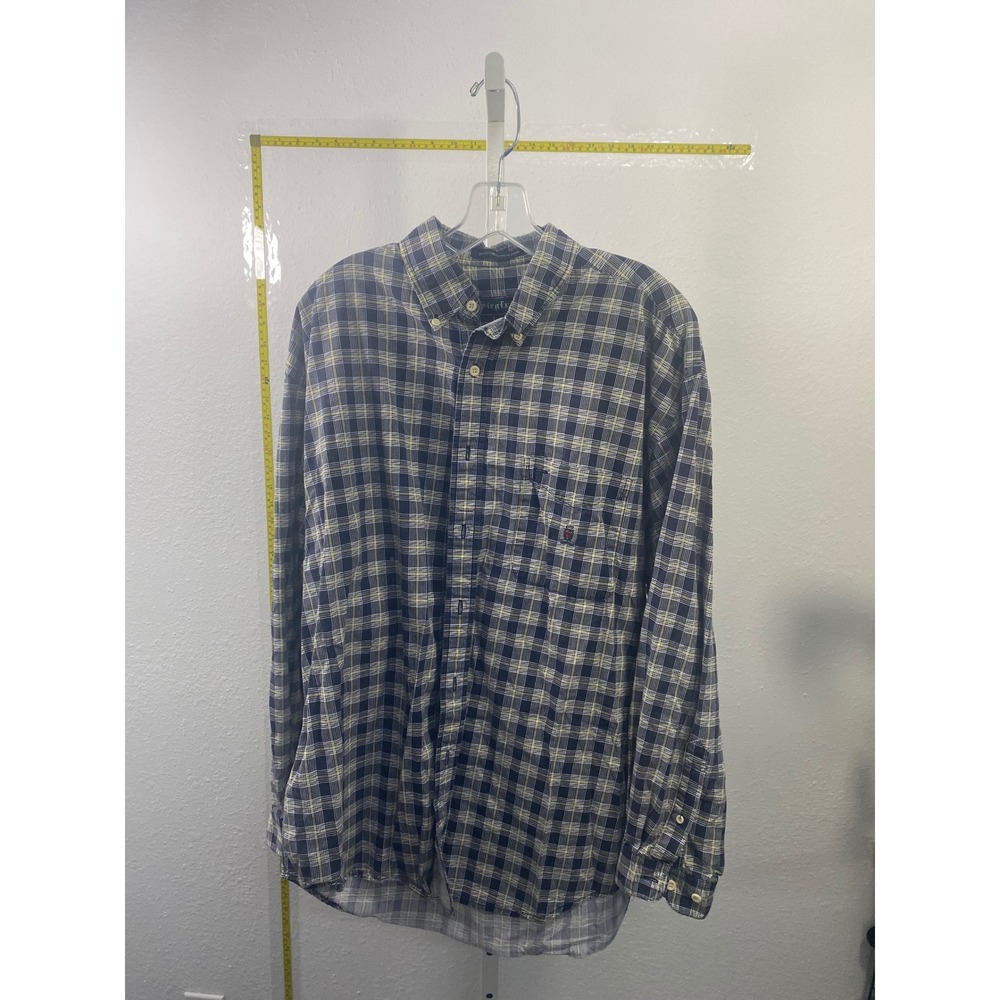 Siegfried Mens Large Plaid Button Down Shirt Navy Blue Yellow Cotton Long Sleeve